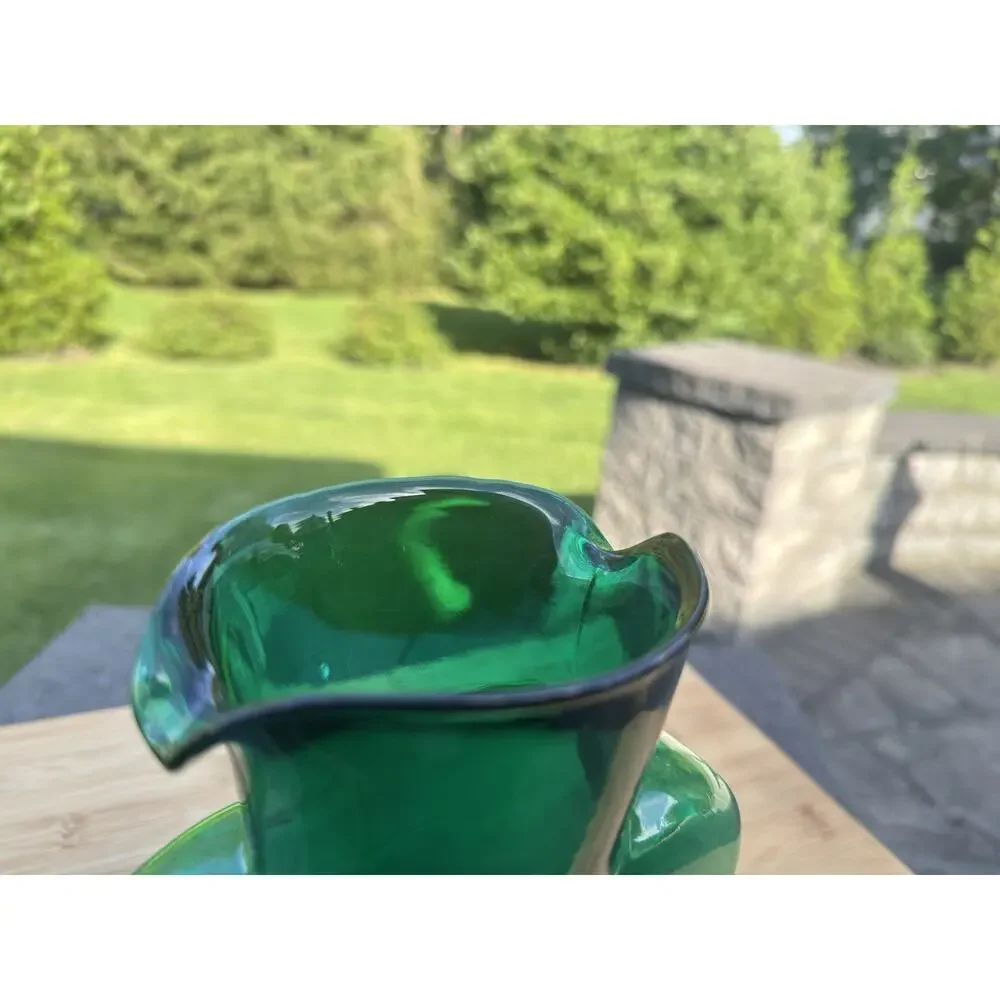 BLENKO Hand Blown Glass VINTAGE Emerald Green Double Spout DECANTER VASE